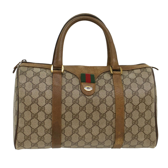 GUCCI GG Canvas Web Sherry Line Boston Bag PVC Leather Beige Green Auth yk7856 - Picture 1 of 16